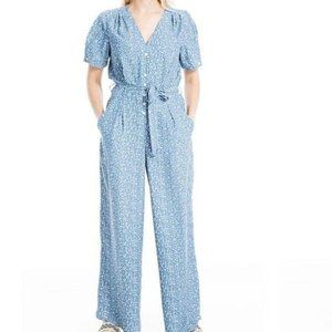 MAX STUDIO Womens Jumpsuit Puff Sleeve Button Front S/S Light Blue Dots L NEW